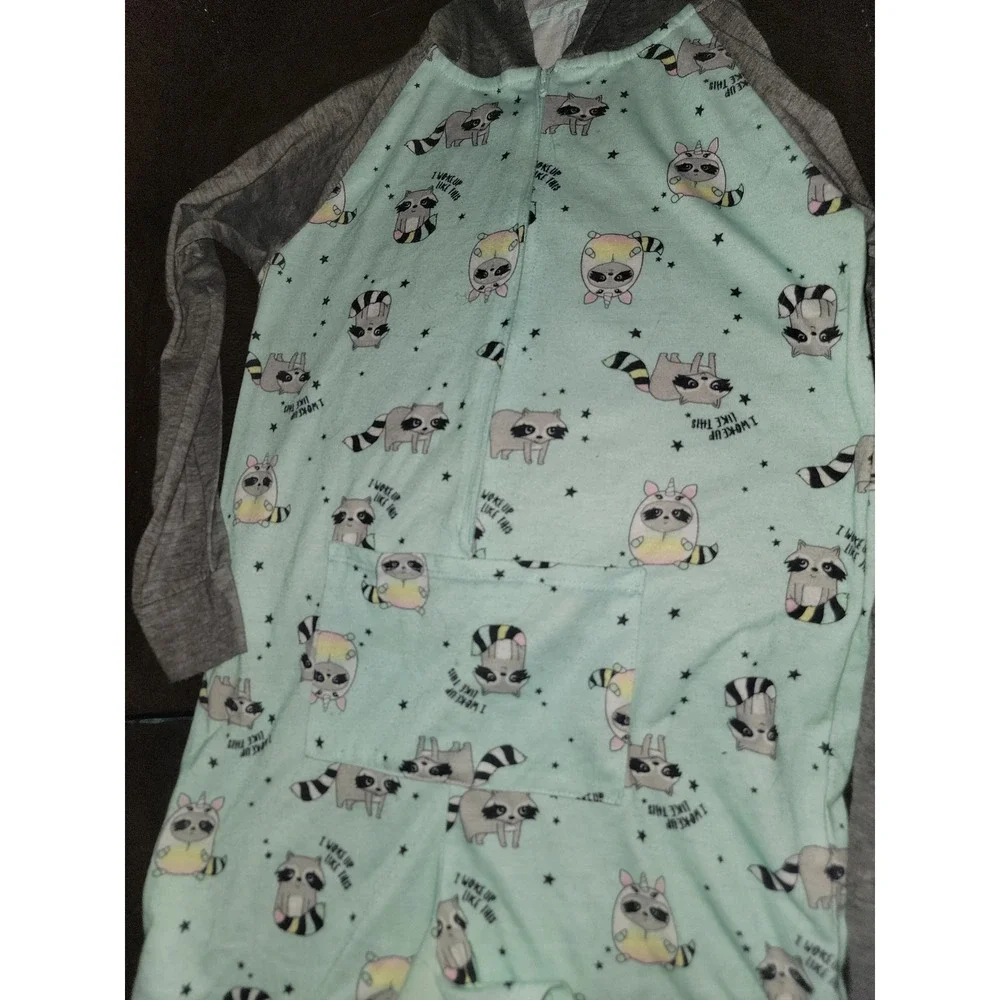 Justice racoon one piece pajamas with hood zip up size‎ 8